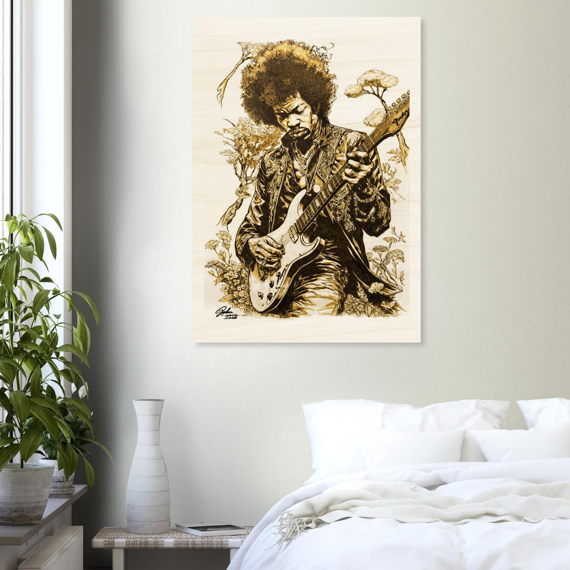 Jimi Hendrix Pyrography Art Wood Print - Hand Wood Burned Wood Print on Wood - Rustic Decor, Guitar Art