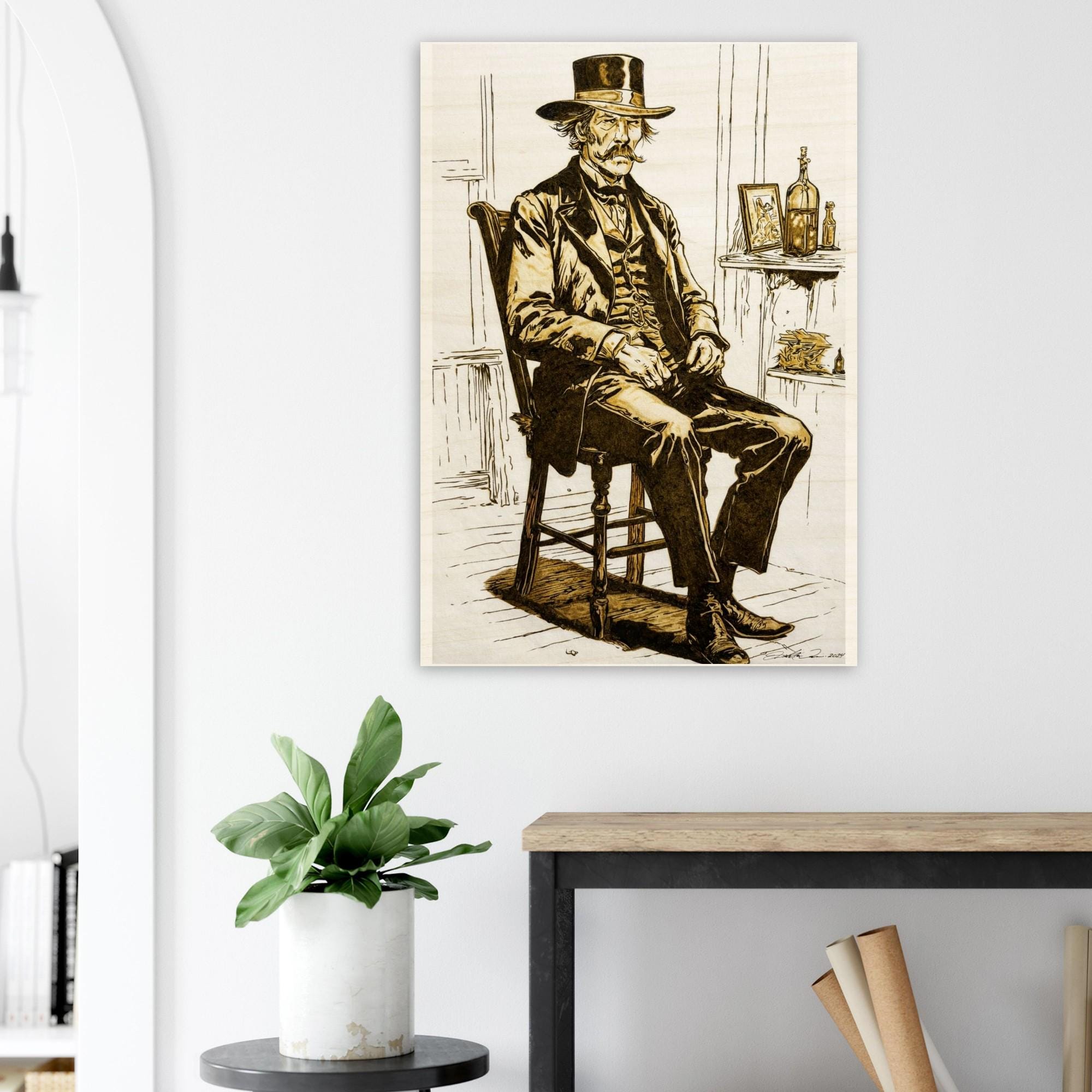 Wood Print -Wyatt Earp Portrait - Fine Art Print on Wood - By Artist Joshua Davis - Original Burned on Paper