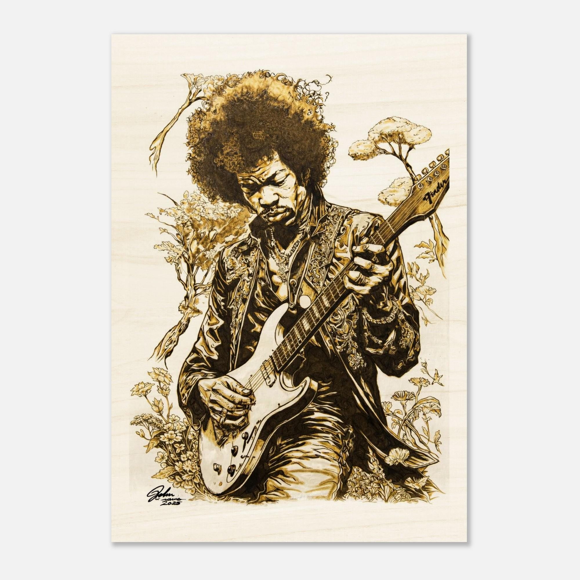 Jimi Hendrix Pyrography Art Wood Print - Hand Wood Burned Wood Print on Wood - Rustic Decor, Guitar Art