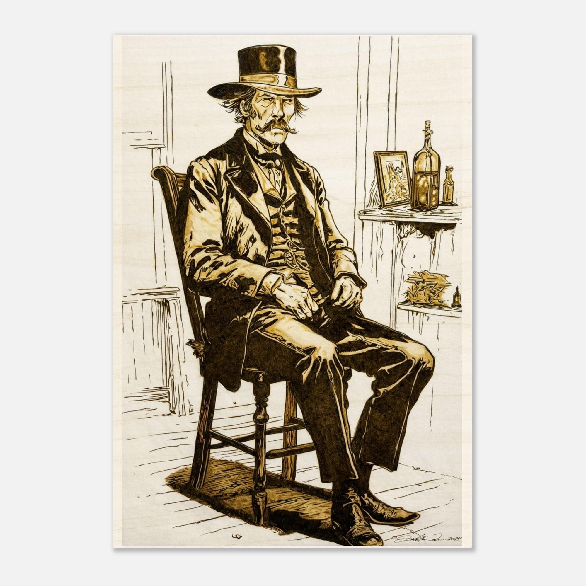 Wood Print -Wyatt Earp Portrait - Fine Art Print on Wood - By Artist Joshua Davis - Original Burned on Paper