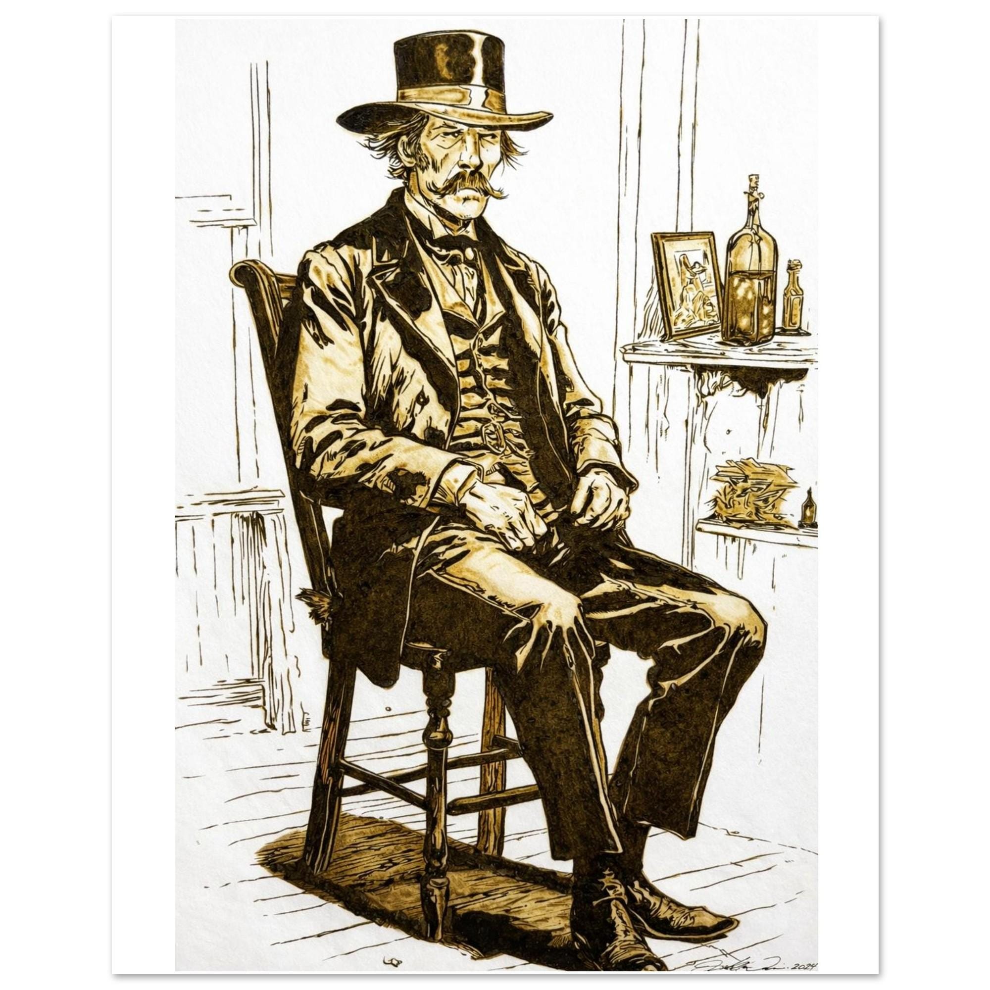 Wyatt Earp Portrait - Giclee Fine Art Print by Joshua Davis - Original was burned onto Paper