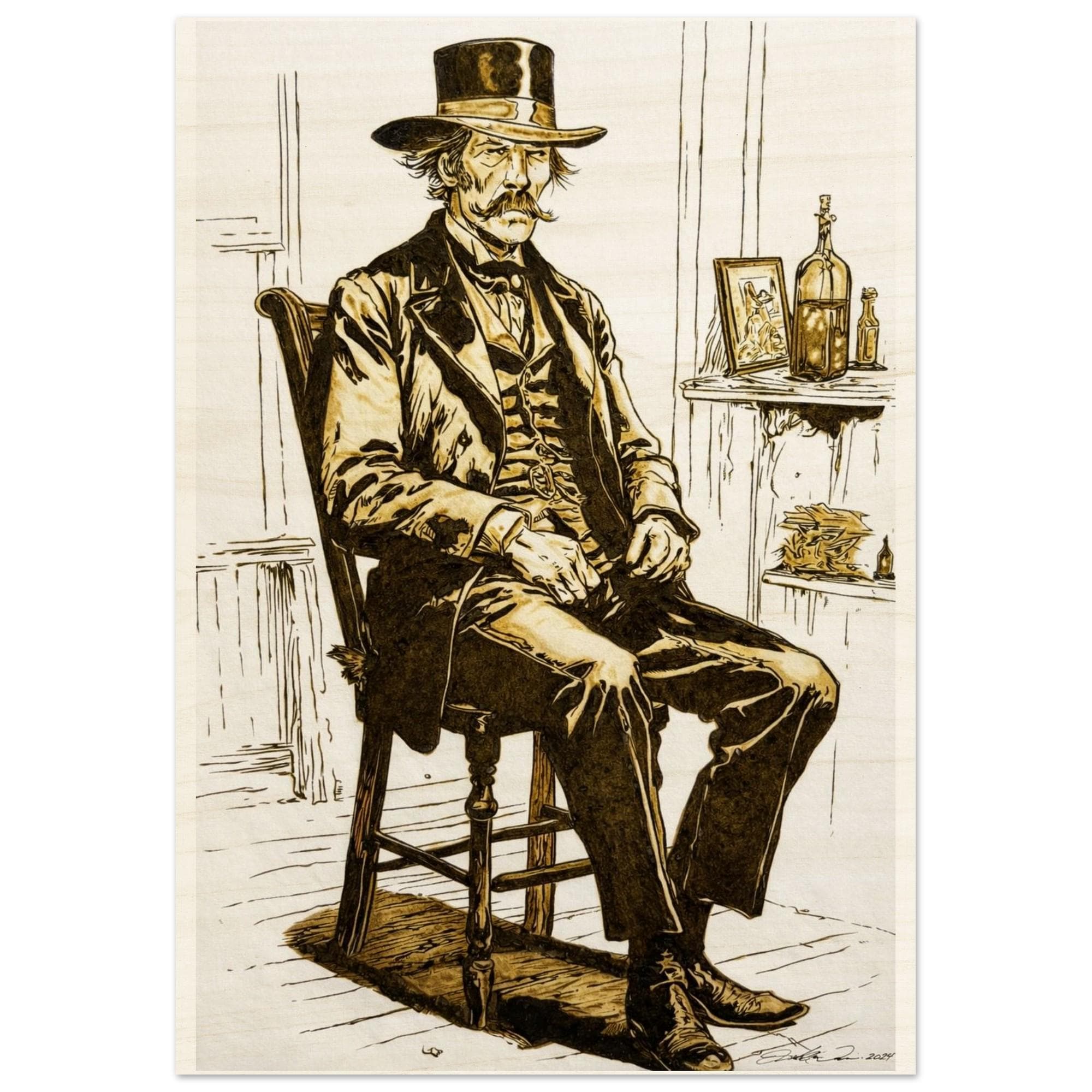 Wood Print -Wyatt Earp Portrait - Fine Art Print on Wood - By Artist Joshua Davis - Original Burned on Paper