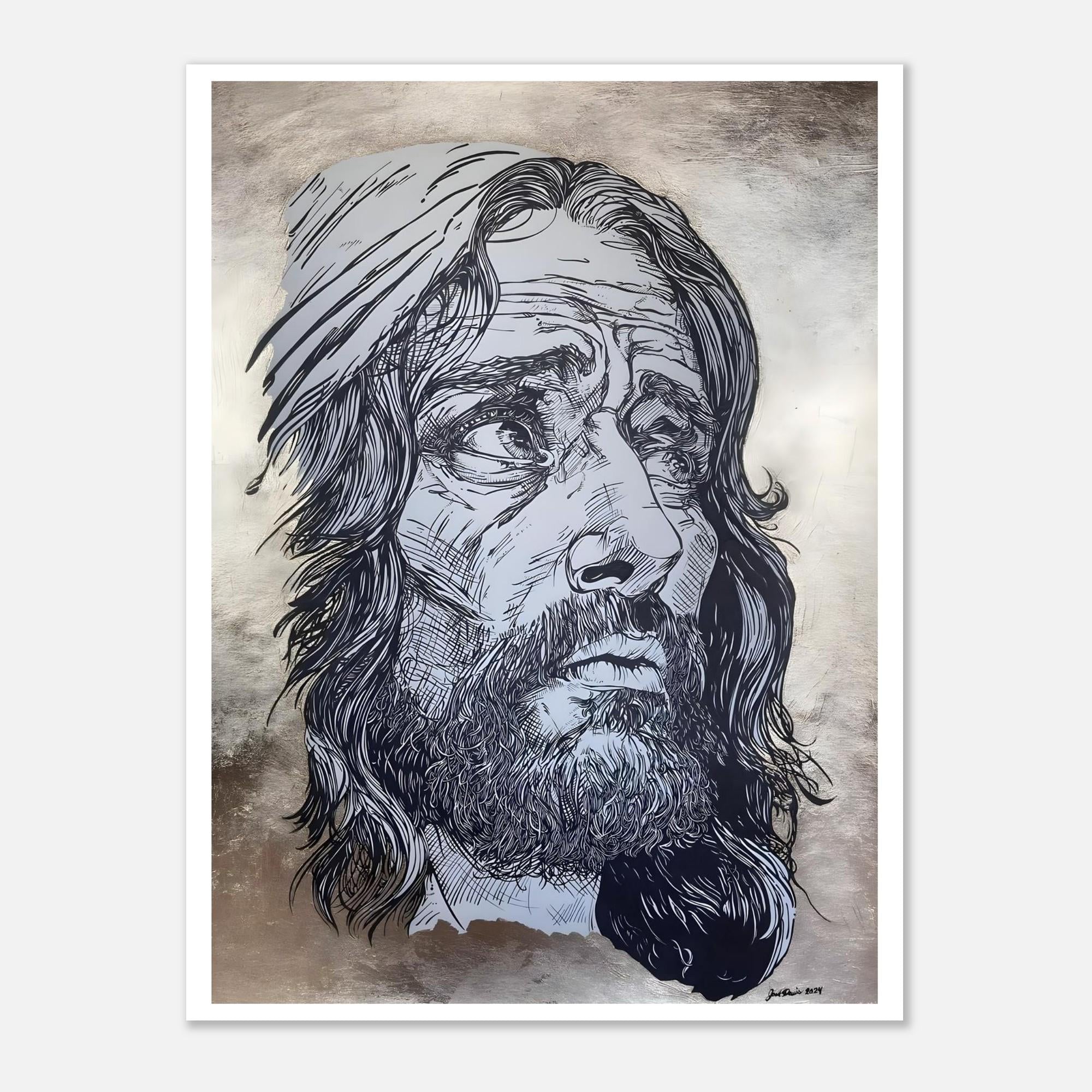 Jesus King of Kings -  Pen and Ink Version - Original Hand Drawn Art Print with 24k Gold Leaf Background- Fine Art Poster