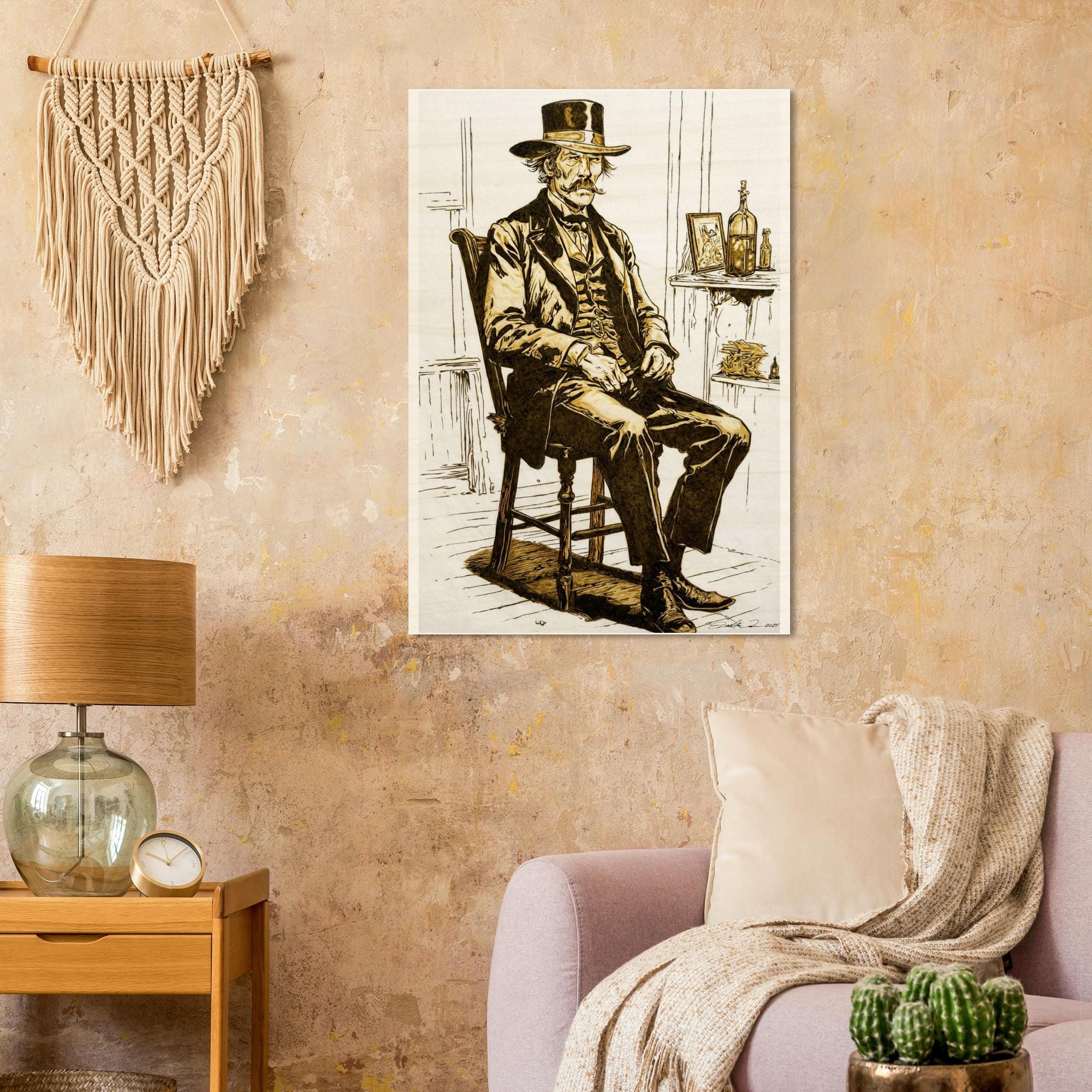Wood Print -Wyatt Earp Portrait - Fine Art Print on Wood - By Artist Joshua Davis - Original Burned on Paper