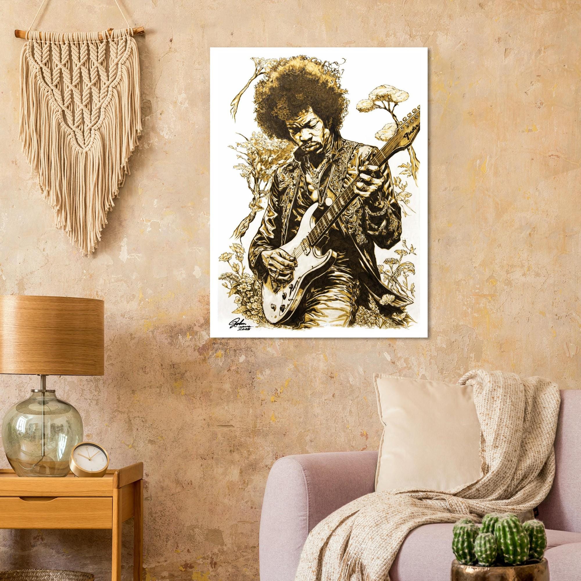 Jimi Hendrix Pyrography Fine Art Poster giclée print - Hand-Burned Unique Artwork