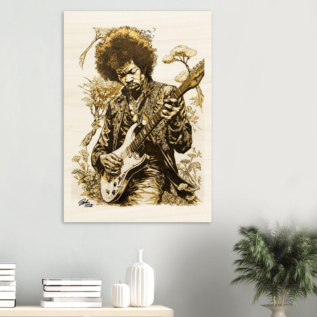 Jimi Hendrix Pyrography Art Wood Print - Hand Wood Burned Wood Print on Wood - Rustic Decor, Guitar Art