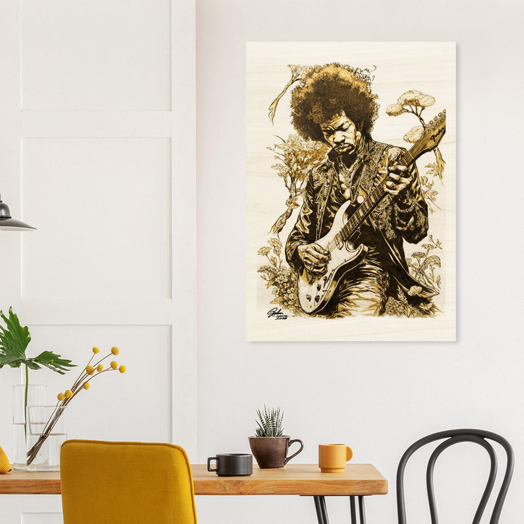 Jimi Hendrix Pyrography Art Wood Print - Hand Wood Burned Wood Print on Wood - Rustic Decor, Guitar Art