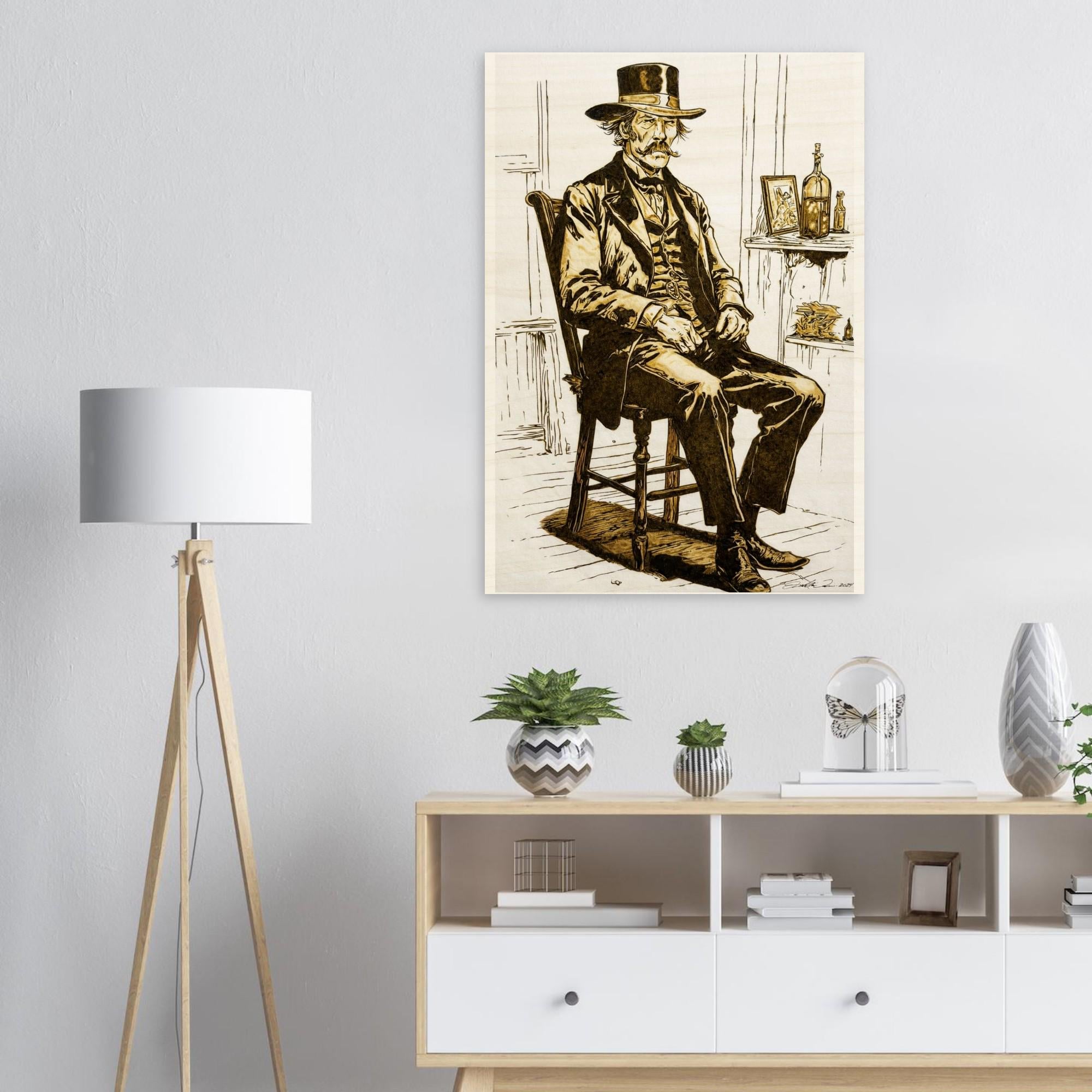 Wood Print -Wyatt Earp Portrait - Fine Art Print on Wood - By Artist Joshua Davis - Original Burned on Paper