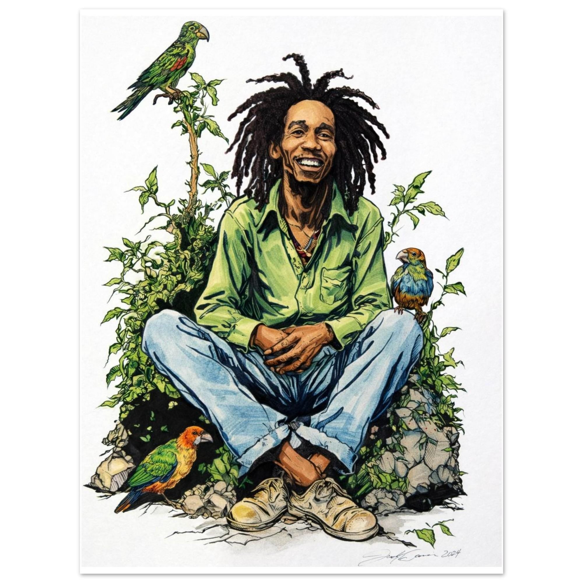 Bob Marley Fine Art Poster '3 Little Birds' by Joshua Davis - Handmade Art Print - Perfect Gift for Music Lovers