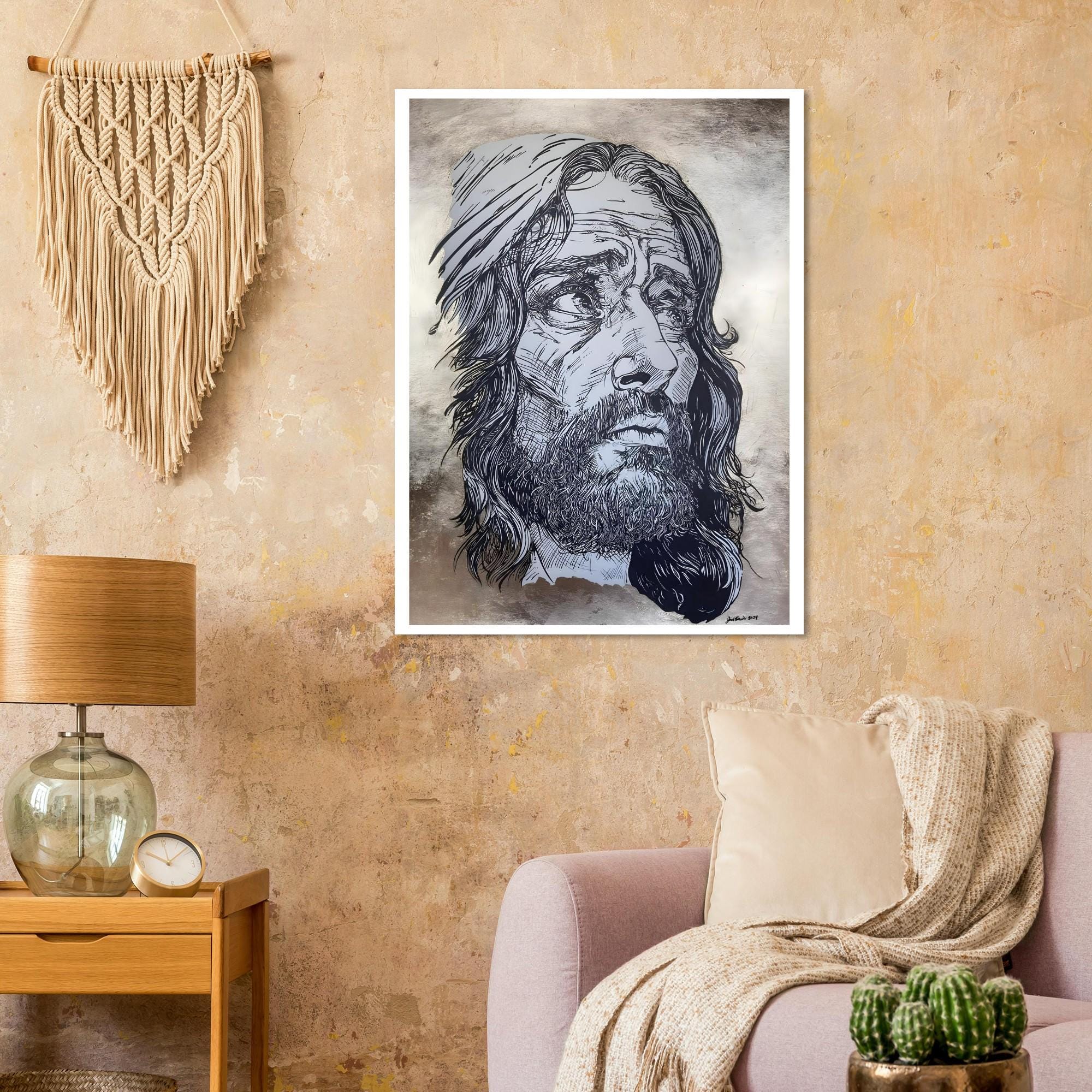 Jesus King of Kings -  Pen and Ink Version - Original Hand Drawn Art Print with 24k Gold Leaf Background- Fine Art Poster