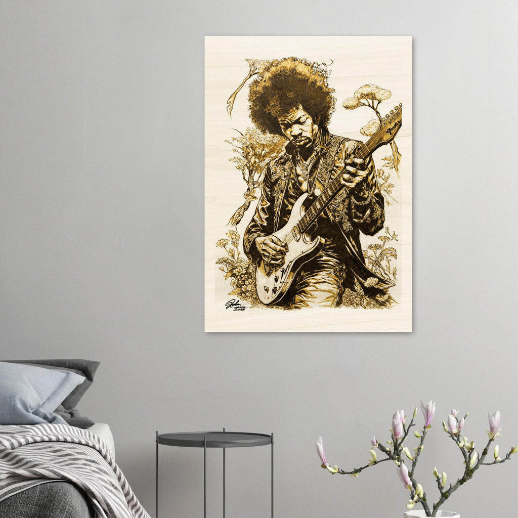 Jimi Hendrix Pyrography Art Wood Print - Hand Wood Burned Wood Print on Wood - Rustic Decor, Guitar Art