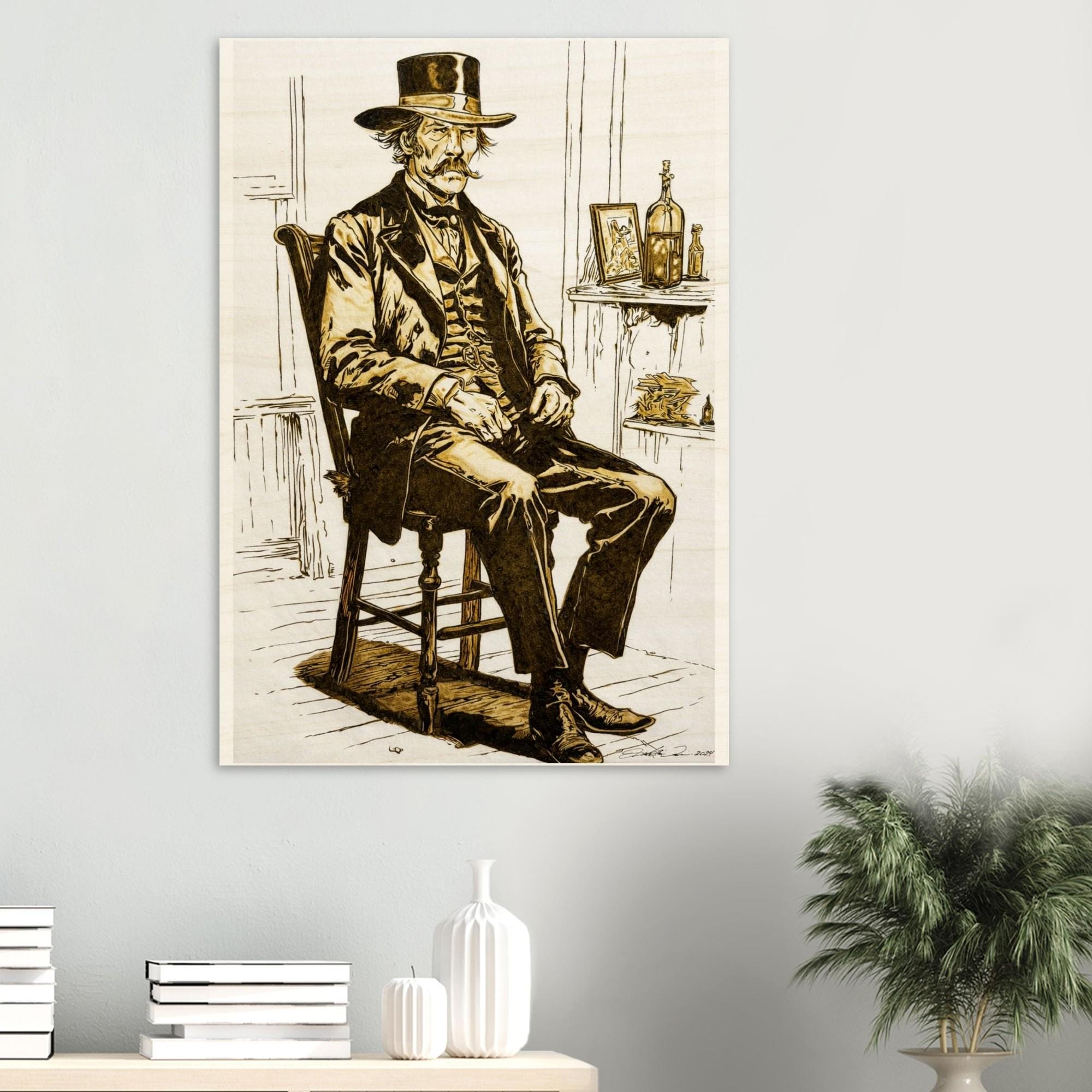 Wood Print -Wyatt Earp Portrait - Fine Art Print on Wood - By Artist Joshua Davis - Original Burned on Paper