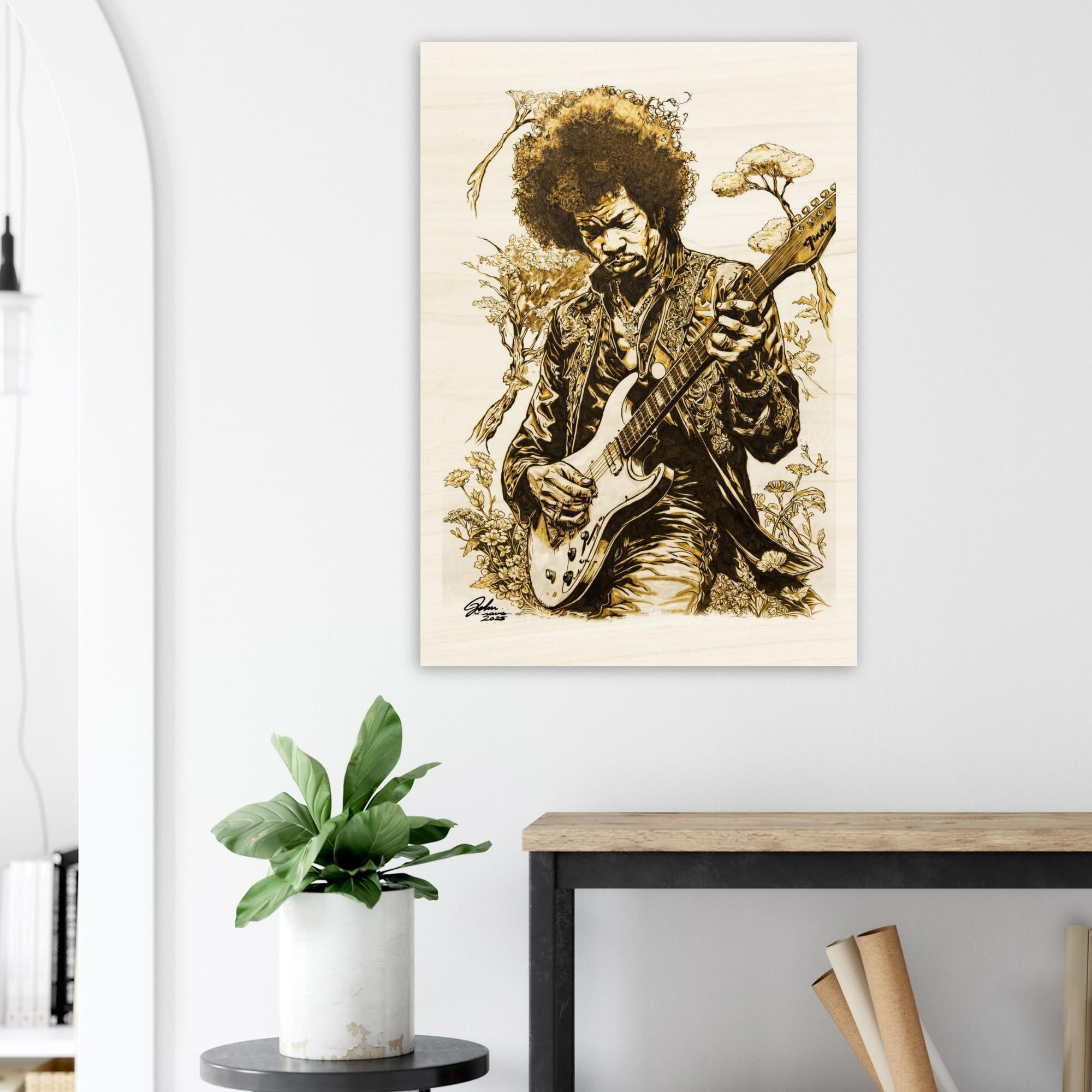 Jimi Hendrix Pyrography Art Wood Print - Hand Wood Burned Wood Print on Wood - Rustic Decor, Guitar Art