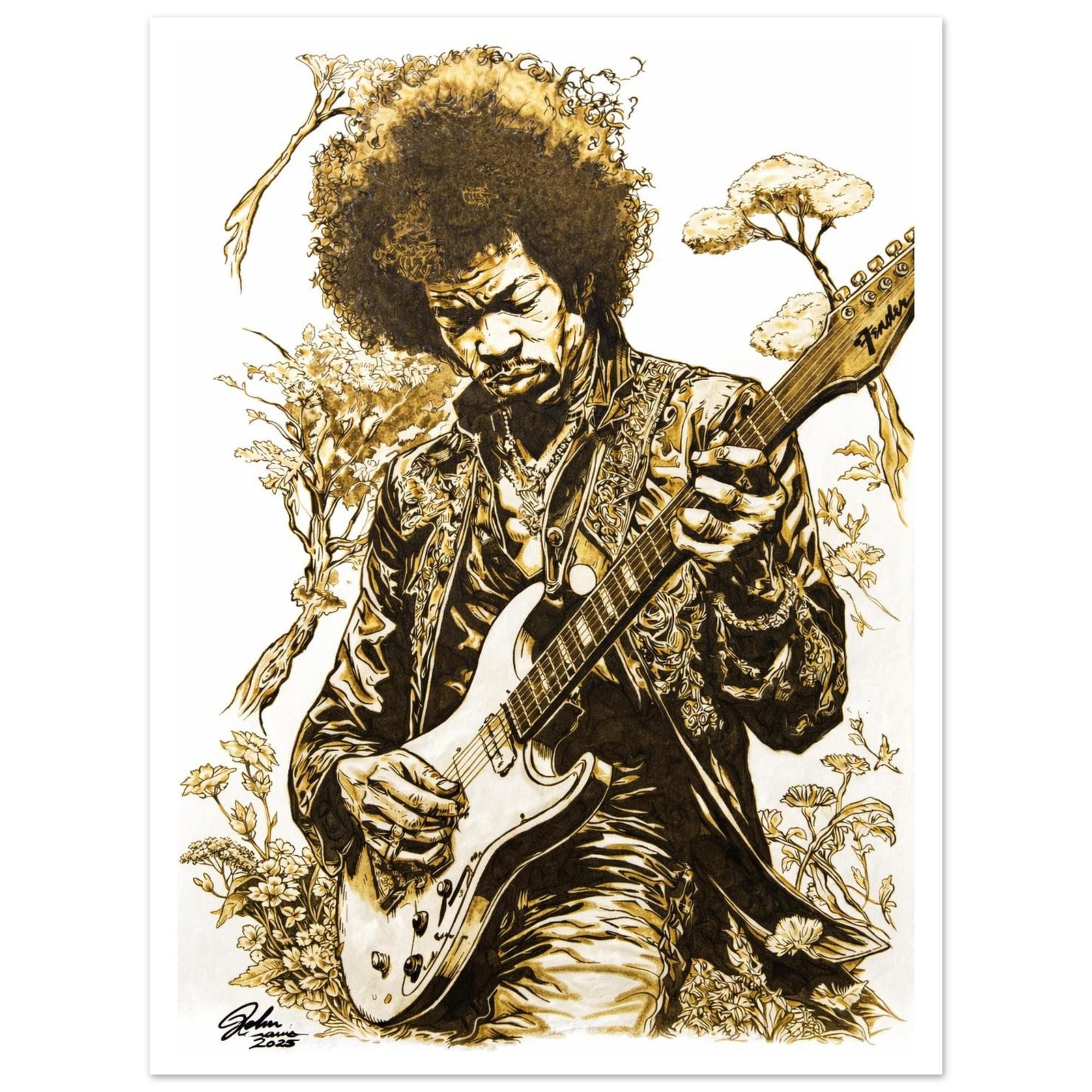 Jimi Hendrix Pyrography Fine Art Poster giclée print - Hand-Burned Unique Artwork