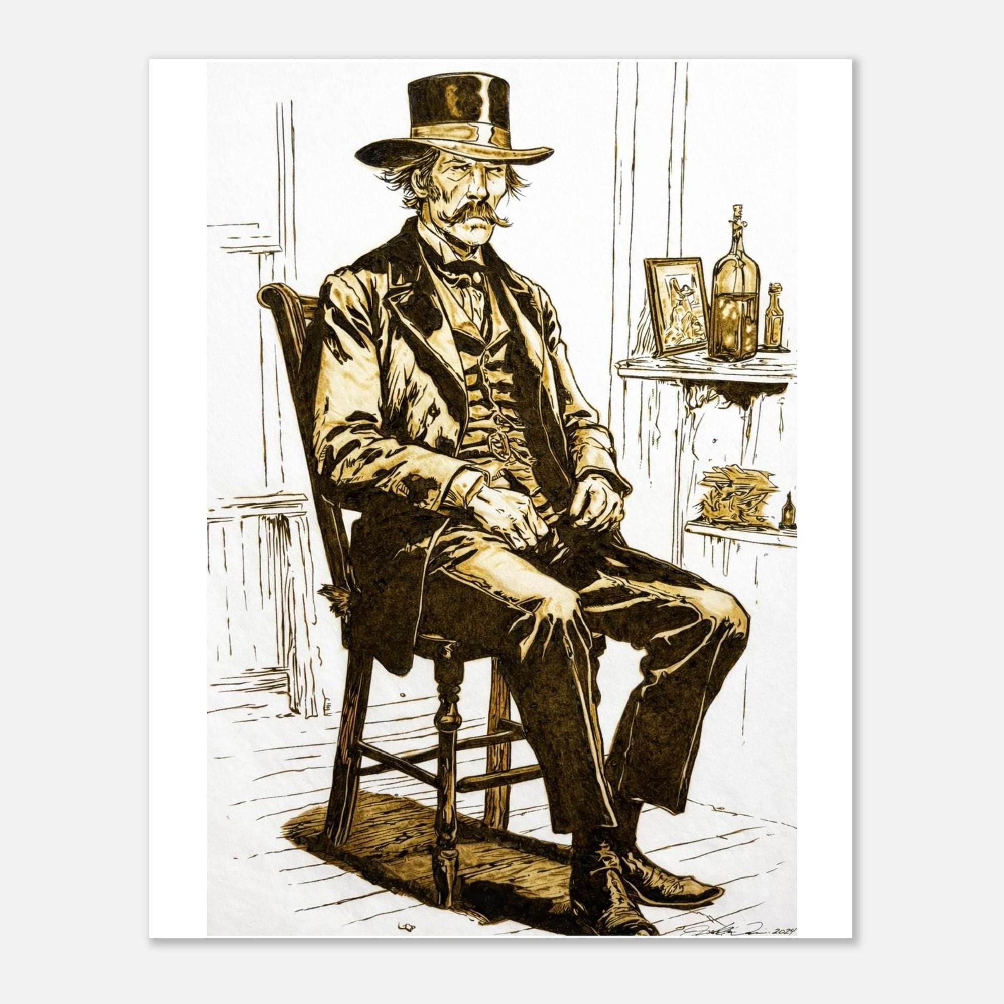 Wyatt Earp Portrait - Giclee Fine Art Print by Joshua Davis - Original was burned onto Paper