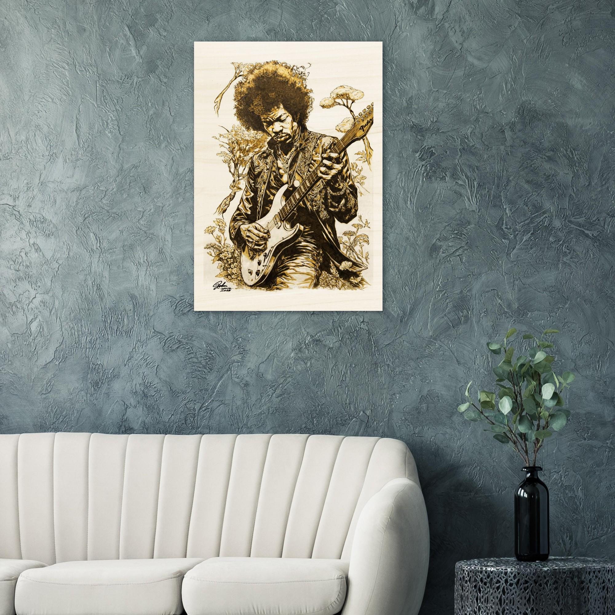 Jimi Hendrix Pyrography Art Wood Print - Hand Wood Burned Wood Print on Wood - Rustic Decor, Guitar Art