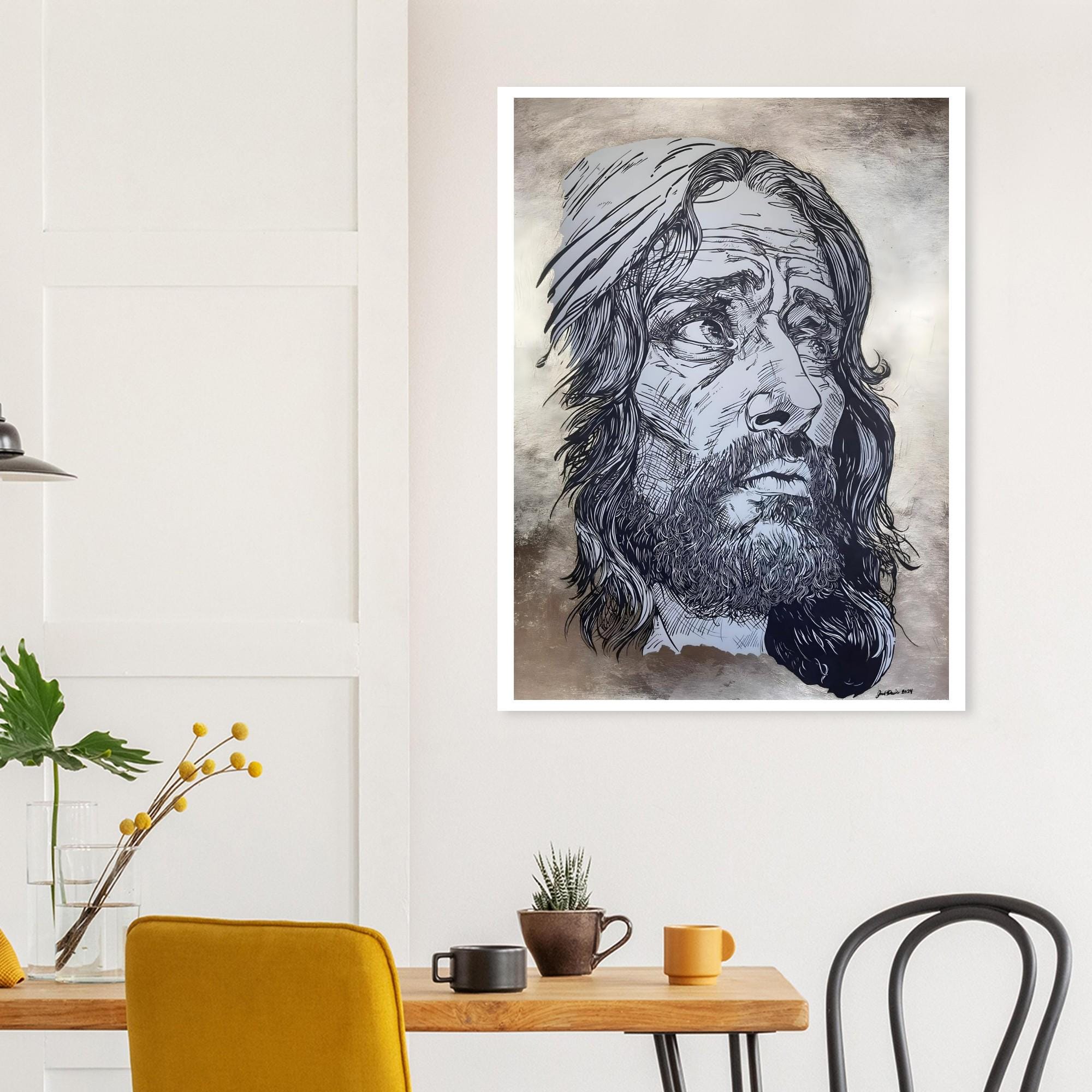 Jesus King of Kings -  Pen and Ink Version - Original Hand Drawn Art Print with 24k Gold Leaf Background- Fine Art Poster