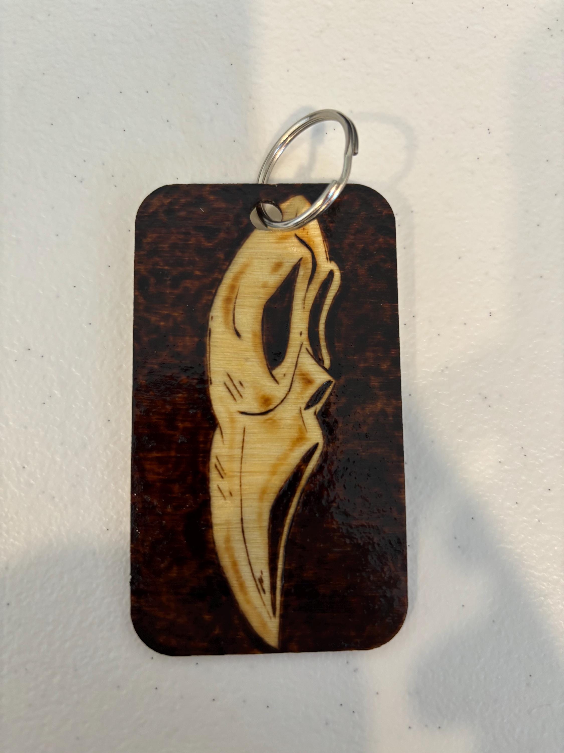 hand wood burned keychain, Ghostface from scream