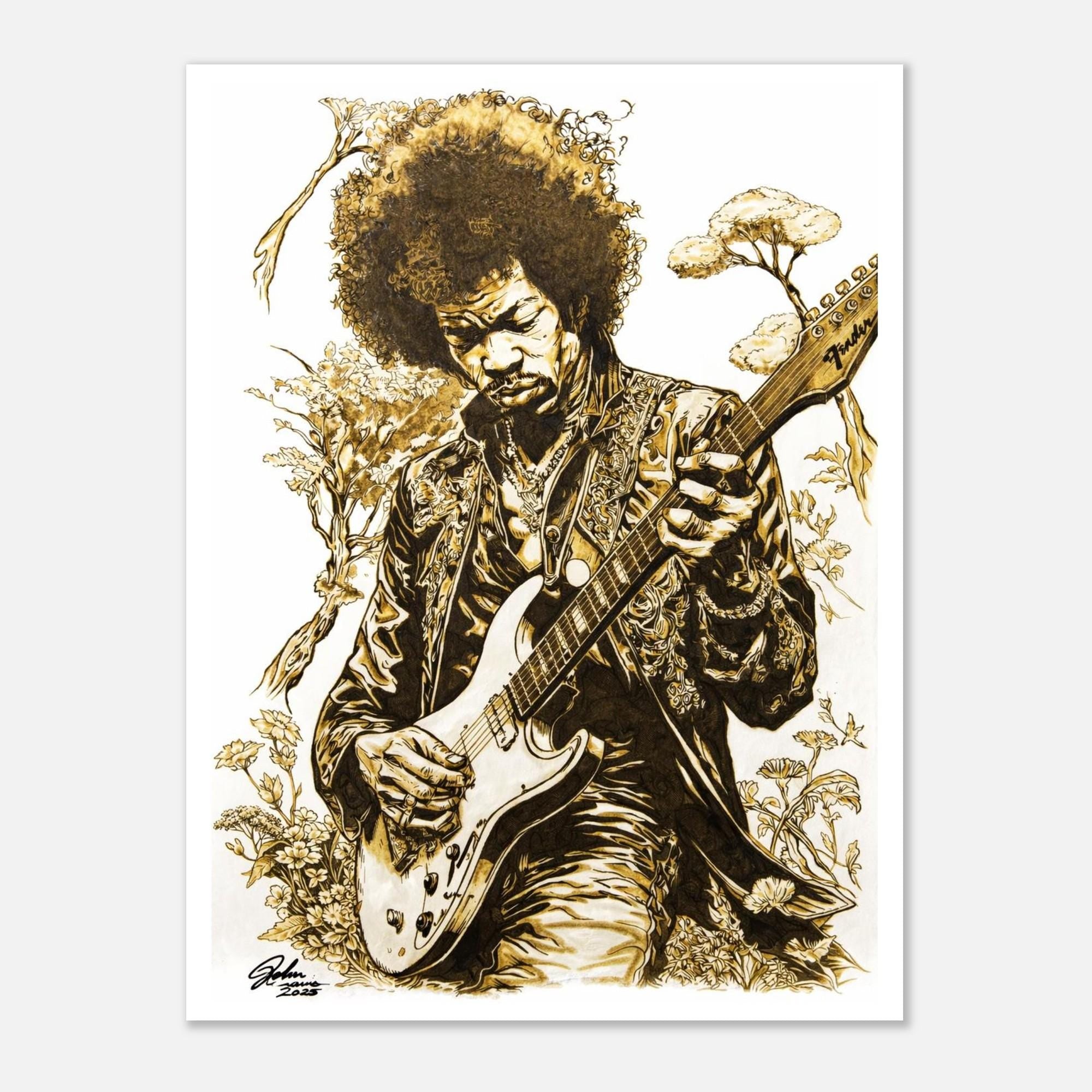Jimi Hendrix Pyrography Fine Art Poster giclée print - Hand-Burned Unique Artwork