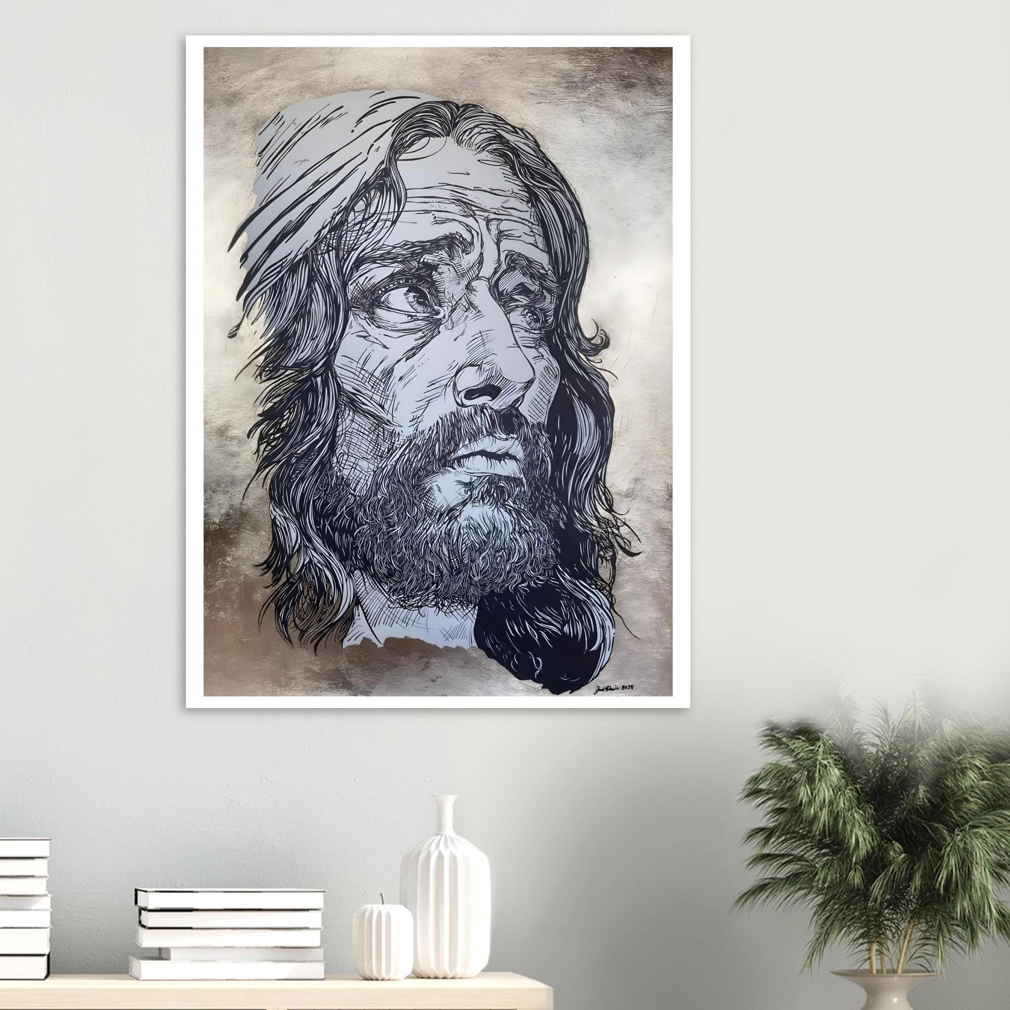 Jesus King of Kings -  Pen and Ink Version - Original Hand Drawn Art Print with 24k Gold Leaf Background- Fine Art Poster