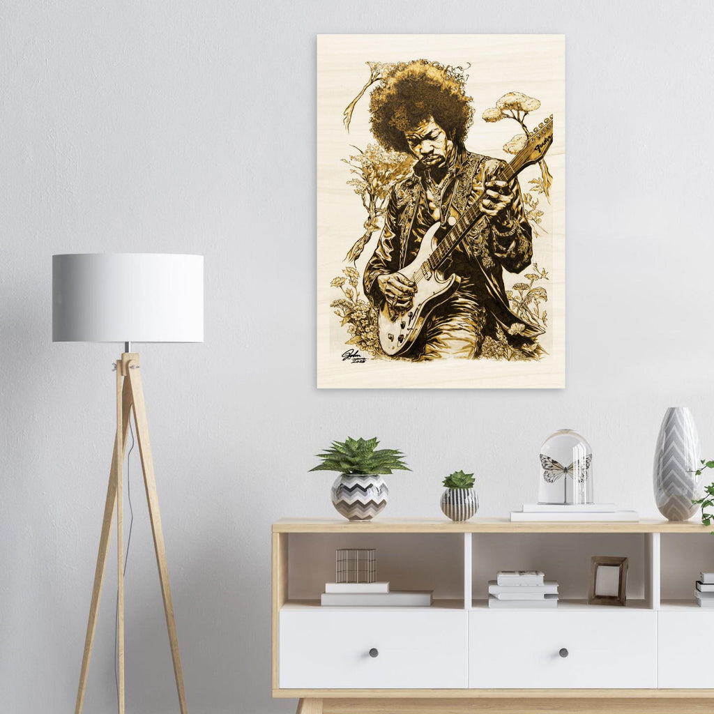 Jimi Hendrix Pyrography Art Wood Print - Hand Wood Burned Wood Print on Wood - Rustic Decor, Guitar Art