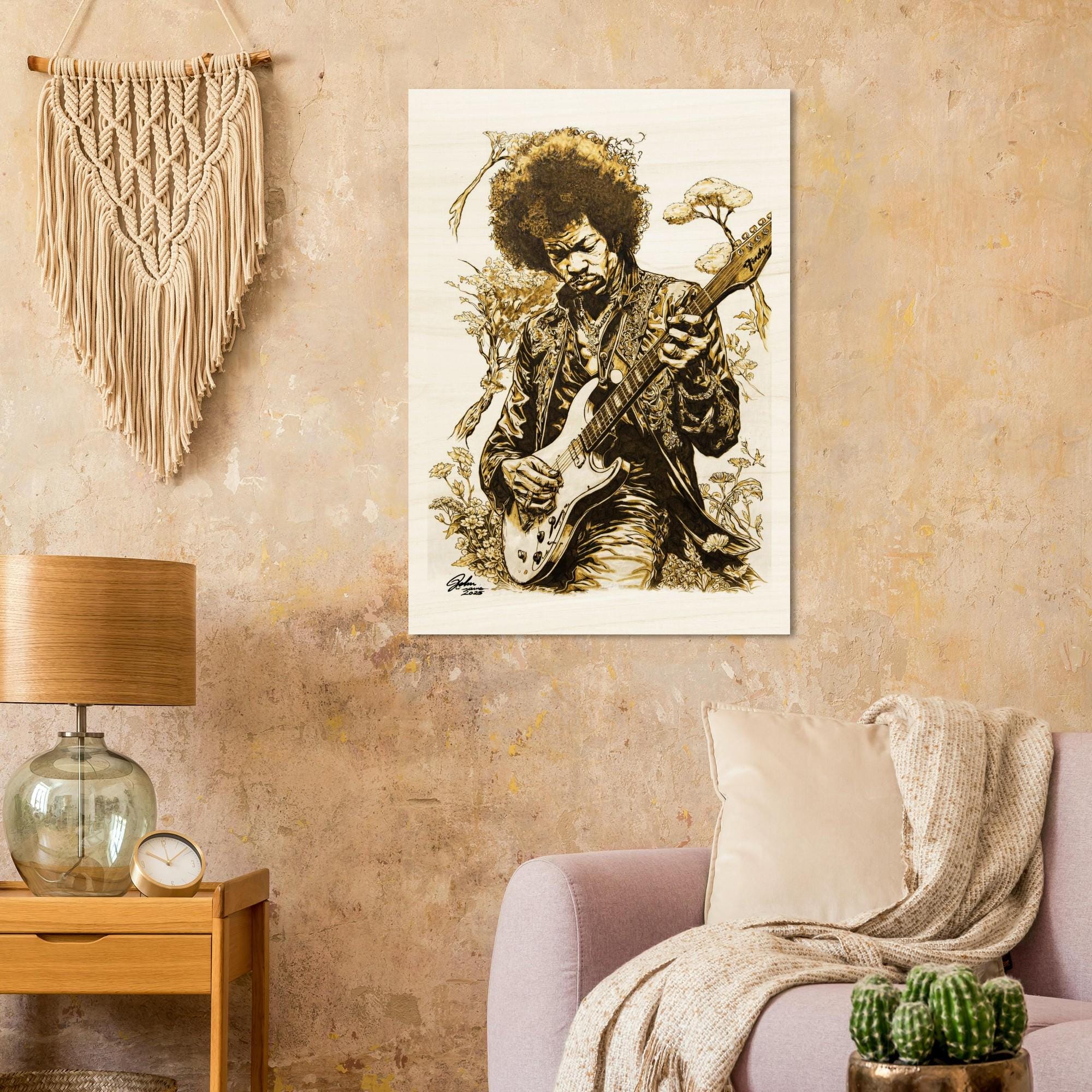 Jimi Hendrix Pyrography Art Wood Print - Hand Wood Burned Wood Print on Wood - Rustic Decor, Guitar Art