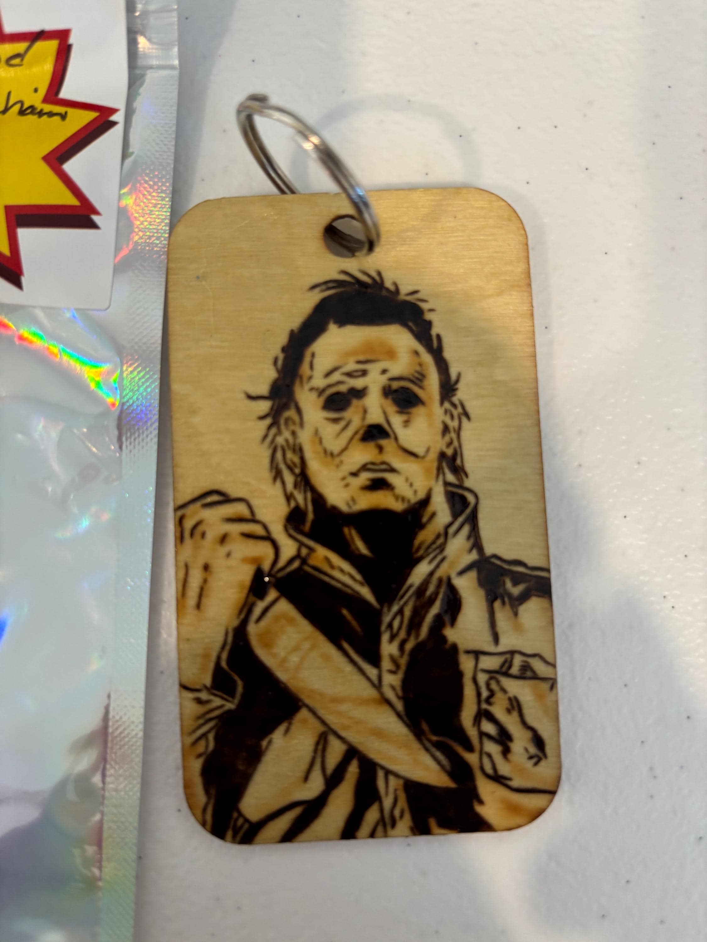 hand wood burned keychain, Michael Myers Halloween