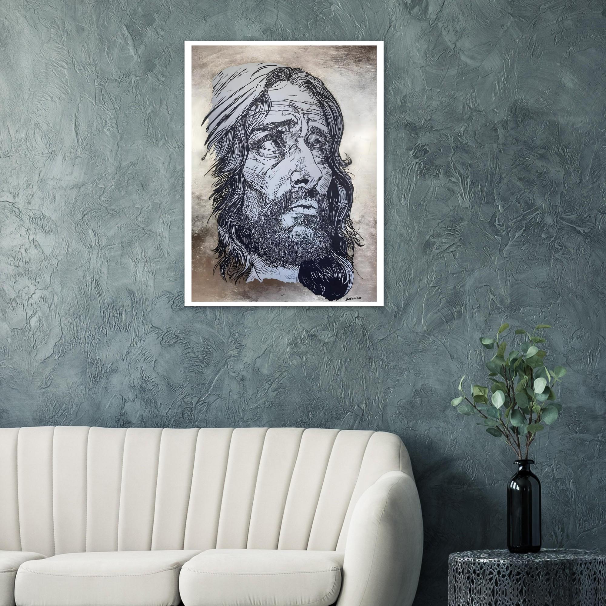 Jesus King of Kings -  Pen and Ink Version - Original Hand Drawn Art Print with 24k Gold Leaf Background- Fine Art Poster