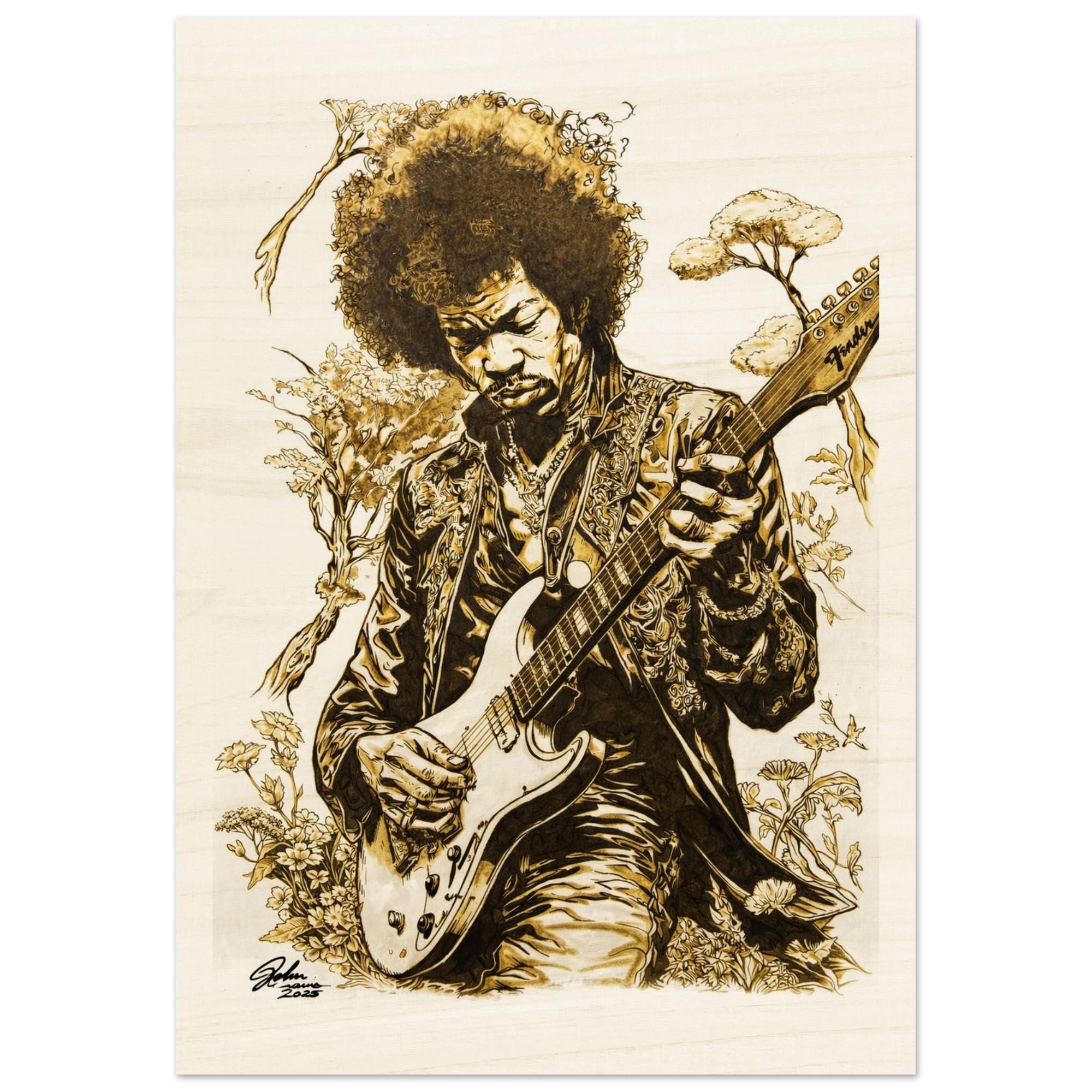 Jimi Hendrix Pyrography Art Wood Print - Hand Wood Burned Wood Print on Wood - Rustic Decor, Guitar Art