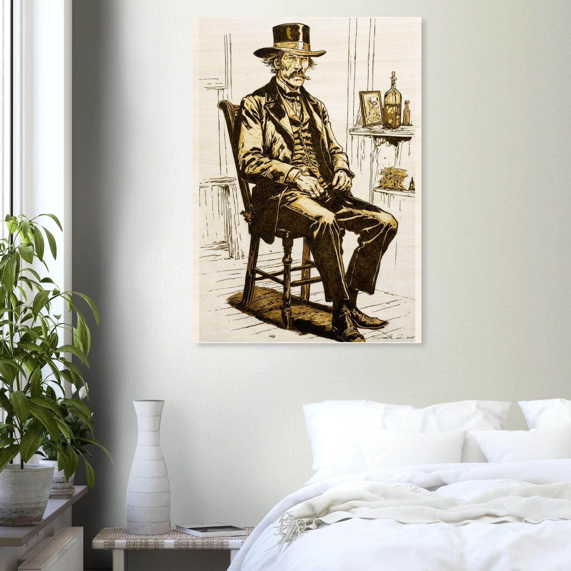 Wood Print -Wyatt Earp Portrait - Fine Art Print on Wood - By Artist Joshua Davis - Original Burned on Paper